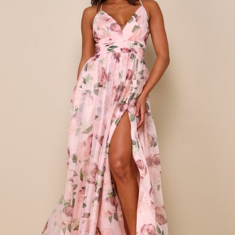 Lulus Romance That Wows Blush Floral Print Organza Maxi Dress Pink - Size XXL